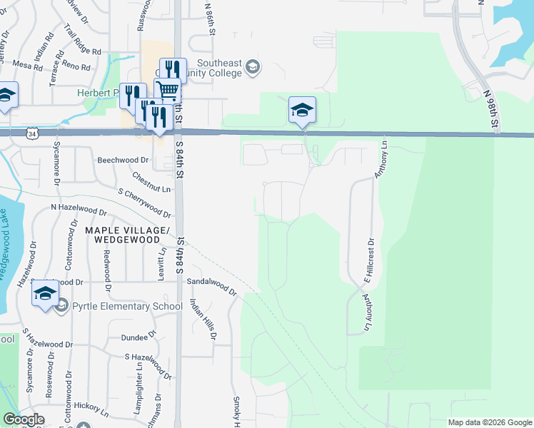map of restaurants, bars, coffee shops, grocery stores, and more near 500 South 84th Street in Lincoln