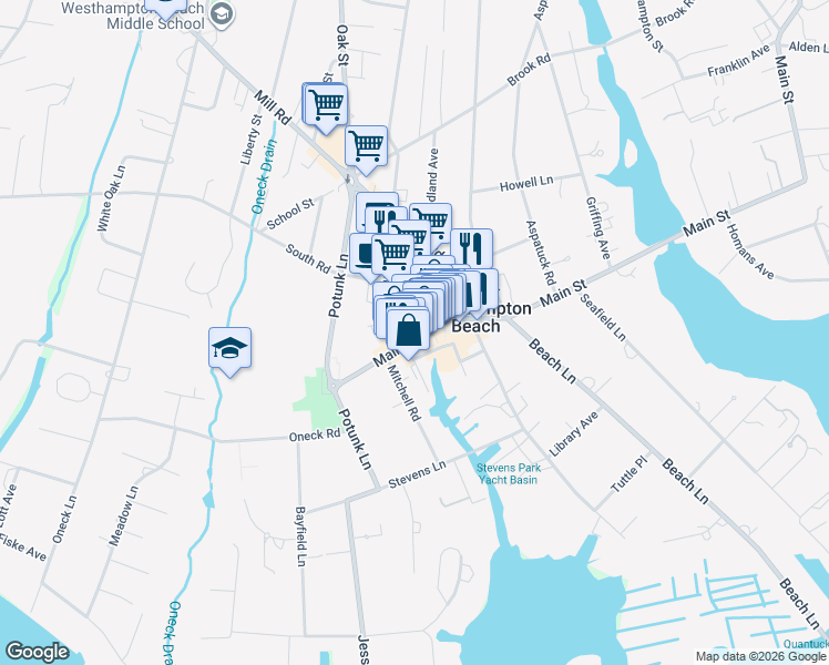 map of restaurants, bars, coffee shops, grocery stores, and more near 8 Moniebogue Lane in Westhampton Beach