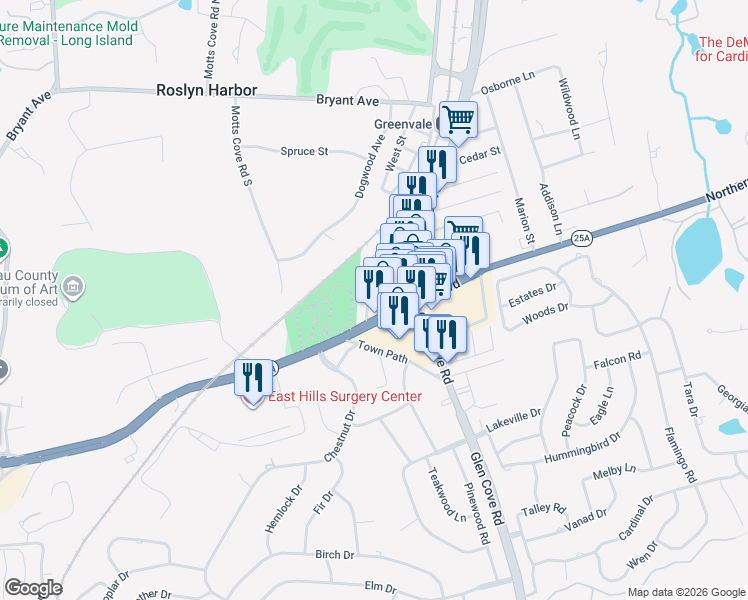 map of restaurants, bars, coffee shops, grocery stores, and more near 1 Northern Boulevard in Greenvale