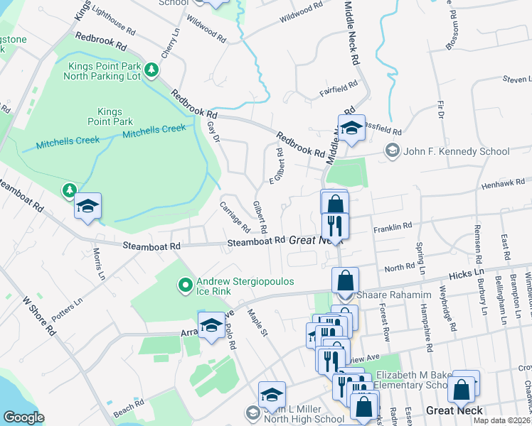 map of restaurants, bars, coffee shops, grocery stores, and more near 1 Carriage Road in Great Neck