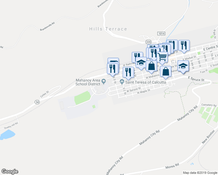map of restaurants, bars, coffee shops, grocery stores, and more near E Street in Mahanoy City