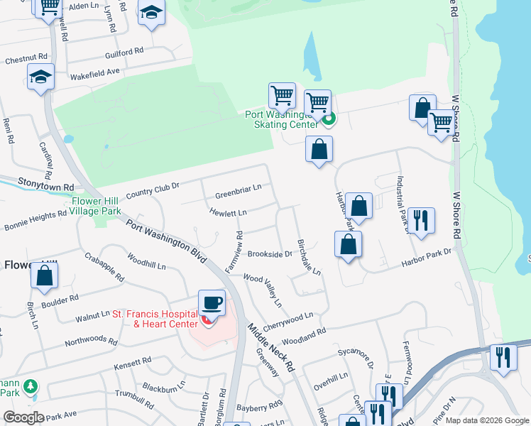 map of restaurants, bars, coffee shops, grocery stores, and more near 117 Country Club Drive in Port Washington