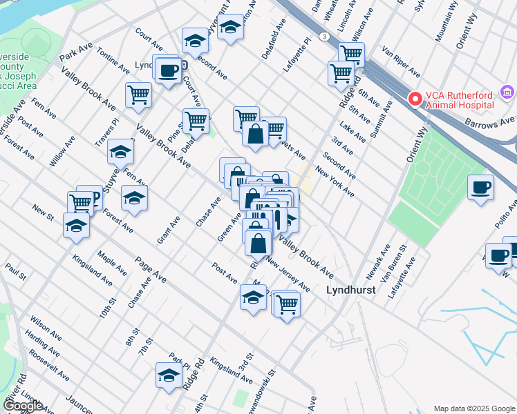 map of restaurants, bars, coffee shops, grocery stores, and more near 304 Milburn Avenue in Lyndhurst