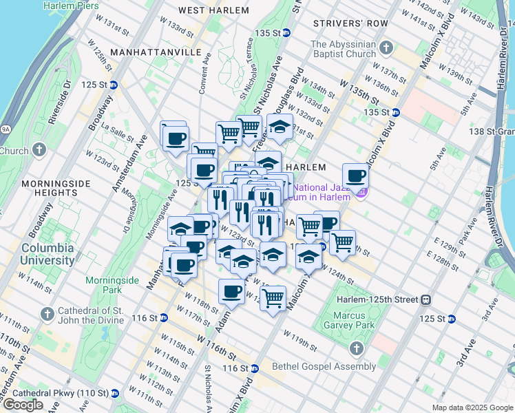 map of restaurants, bars, coffee shops, grocery stores, and more near 229 West 125th Street in New York