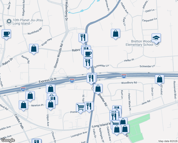 map of restaurants, bars, coffee shops, grocery stores, and more near 410 Wheeler Road in Hauppauge