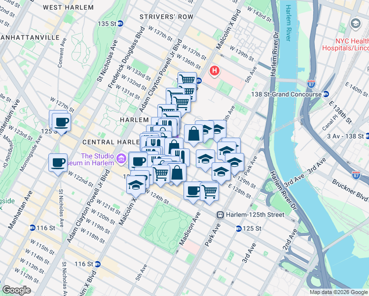 map of restaurants, bars, coffee shops, grocery stores, and more near 34 West 128th Street in New York