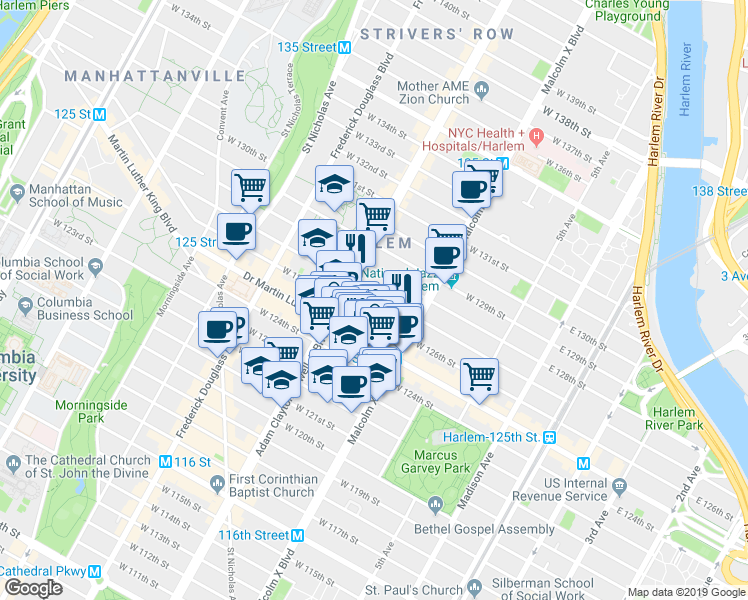 map of restaurants, bars, coffee shops, grocery stores, and more near 2105 Adam Clayton Powell Junior Boulevard in New York