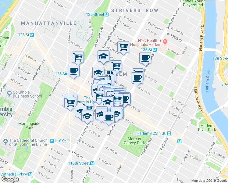 map of restaurants, bars, coffee shops, grocery stores, and more near 2105 Adam Clayton Powell Junior Boulevard in New York