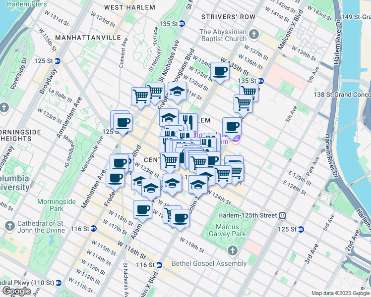 map of restaurants, bars, coffee shops, grocery stores, and more near 2105 Adam Clayton Powell Junior Boulevard in New York