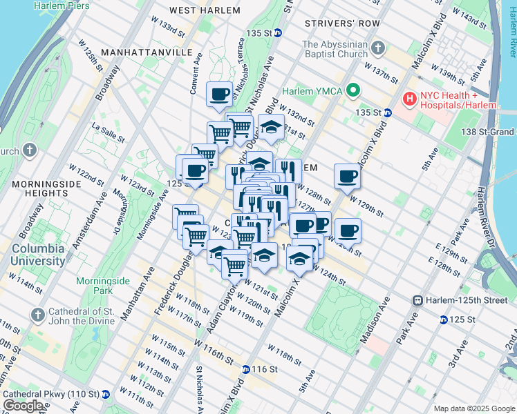 map of restaurants, bars, coffee shops, grocery stores, and more near 148 West 125th Street in New York