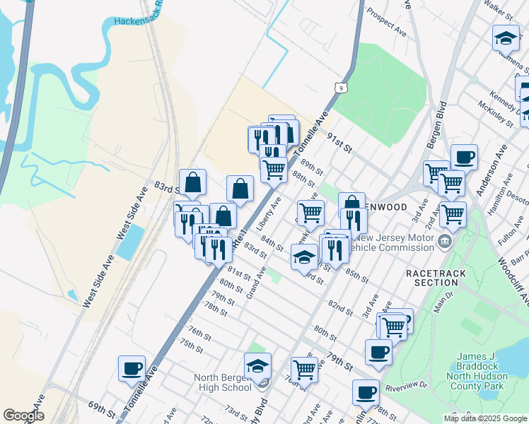 map of restaurants, bars, coffee shops, grocery stores, and more near 8419 Columbia Avenue in North Bergen