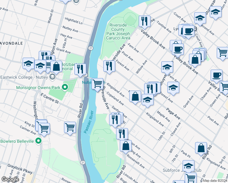 map of restaurants, bars, coffee shops, grocery stores, and more near 126 Copeland Avenue in Lyndhurst