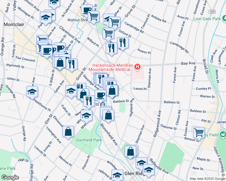 map of restaurants, bars, coffee shops, grocery stores, and more near 18 Baldwin Street in Montclair