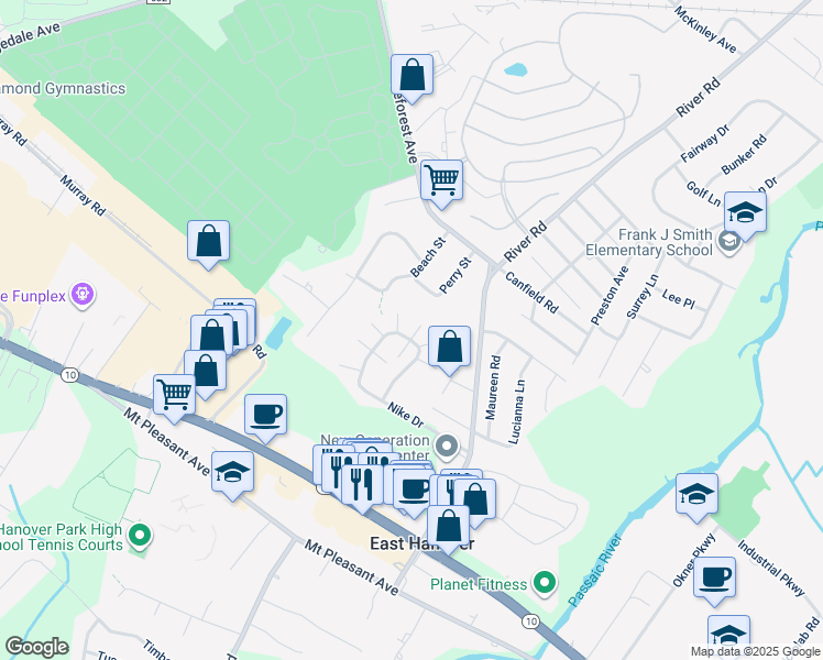 map of restaurants, bars, coffee shops, grocery stores, and more near 32 Gina Court in East Hanover
