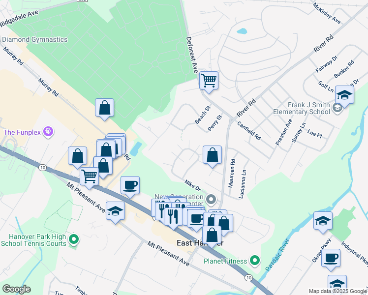 map of restaurants, bars, coffee shops, grocery stores, and more near 22 Frankie Lane in East Hanover