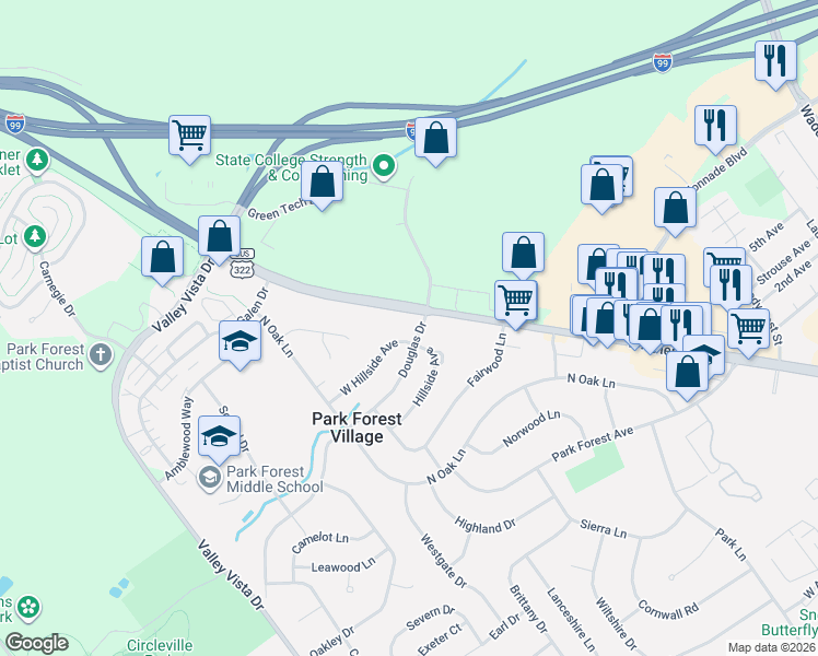 map of restaurants, bars, coffee shops, grocery stores, and more near 455 Douglas Drive in State College