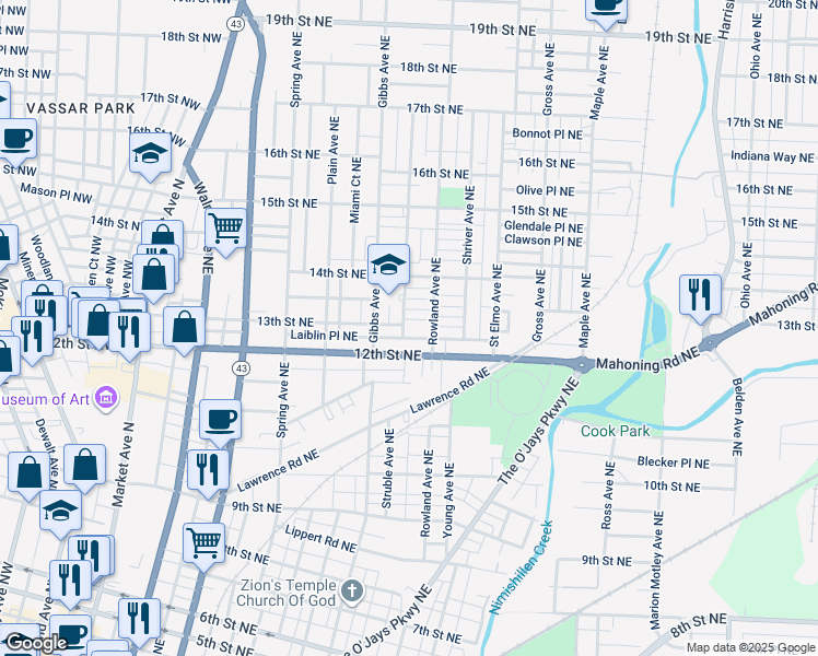 map of restaurants, bars, coffee shops, grocery stores, and more near 1209 12th Street Northeast in Canton