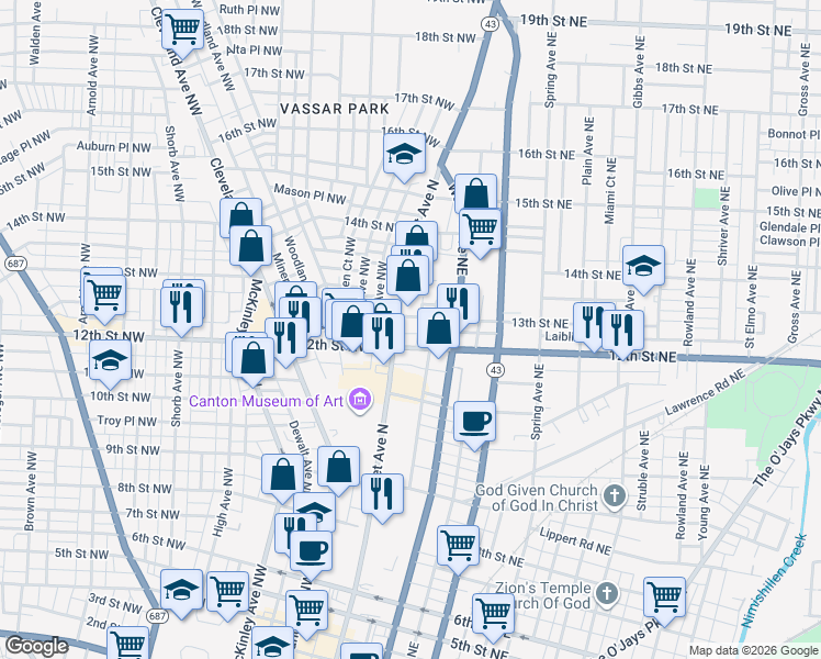 map of restaurants, bars, coffee shops, grocery stores, and more near 1137 Market Avenue North in Canton