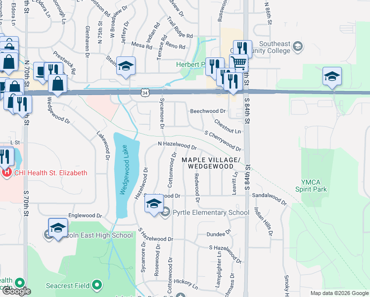map of restaurants, bars, coffee shops, grocery stores, and more near 420 Cottonwood Drive in Lincoln