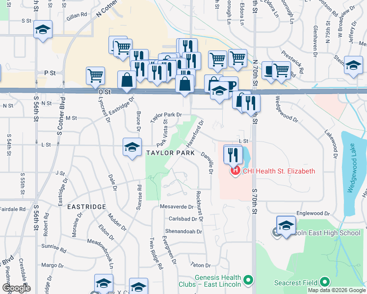 map of restaurants, bars, coffee shops, grocery stores, and more near 501 Haverford Circle in Lincoln