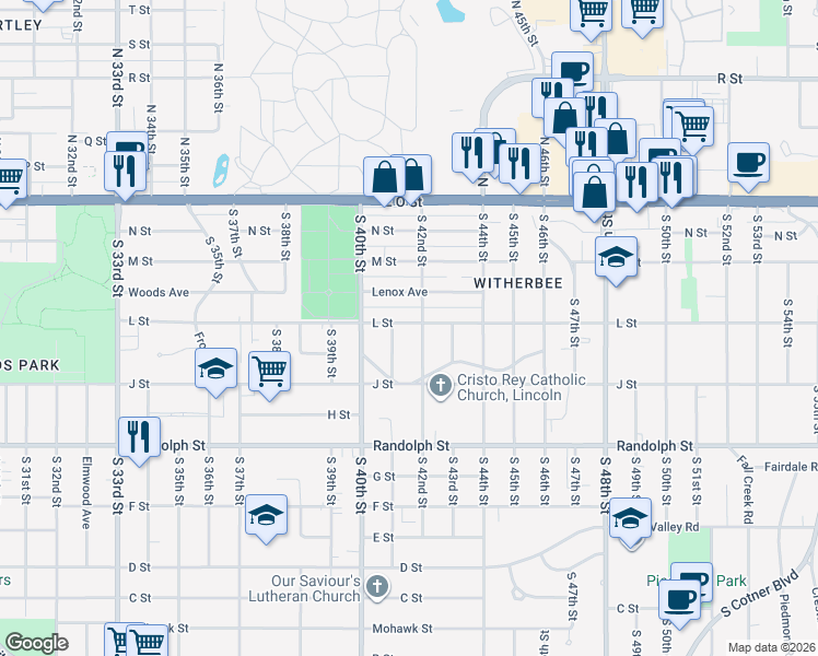 map of restaurants, bars, coffee shops, grocery stores, and more near 443 South 42nd Street in Lincoln