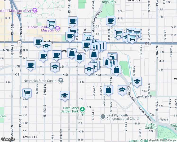 map of restaurants, bars, coffee shops, grocery stores, and more near 1821 K Street in Lincoln