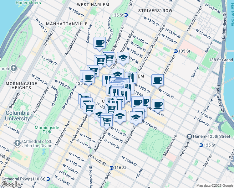 map of restaurants, bars, coffee shops, grocery stores, and more near 215 West 125th Street in New York