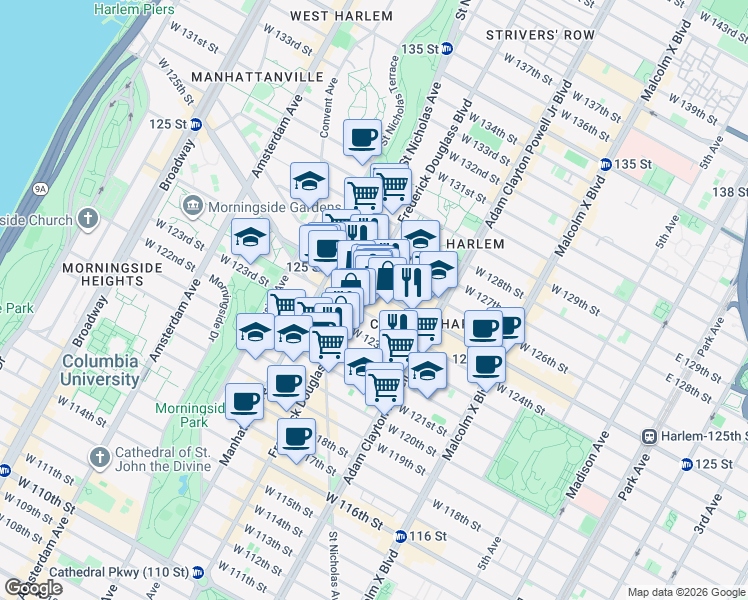 map of restaurants, bars, coffee shops, grocery stores, and more near 2296 Frederick Douglass Boulevard in New York