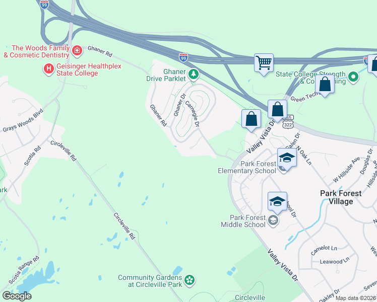 map of restaurants, bars, coffee shops, grocery stores, and more near 131 Driftwood Drive in State College