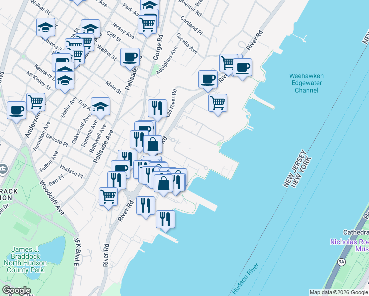 map of restaurants, bars, coffee shops, grocery stores, and more near 351 River Road in Edgewater
