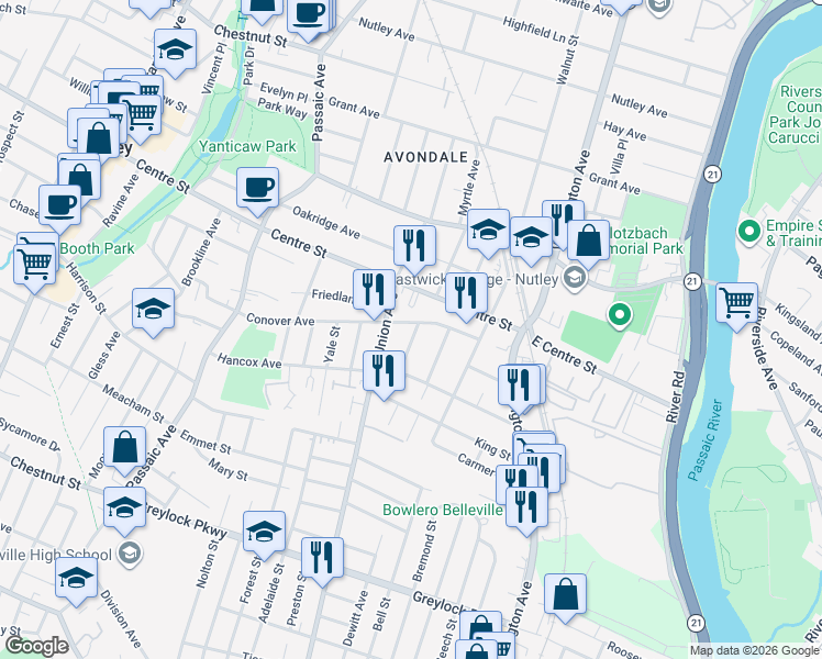 map of restaurants, bars, coffee shops, grocery stores, and more near 15 Princeton Street in Nutley