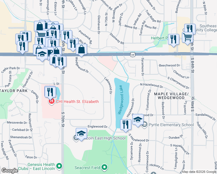 map of restaurants, bars, coffee shops, grocery stores, and more near 511 Lakewood Drive in Lincoln