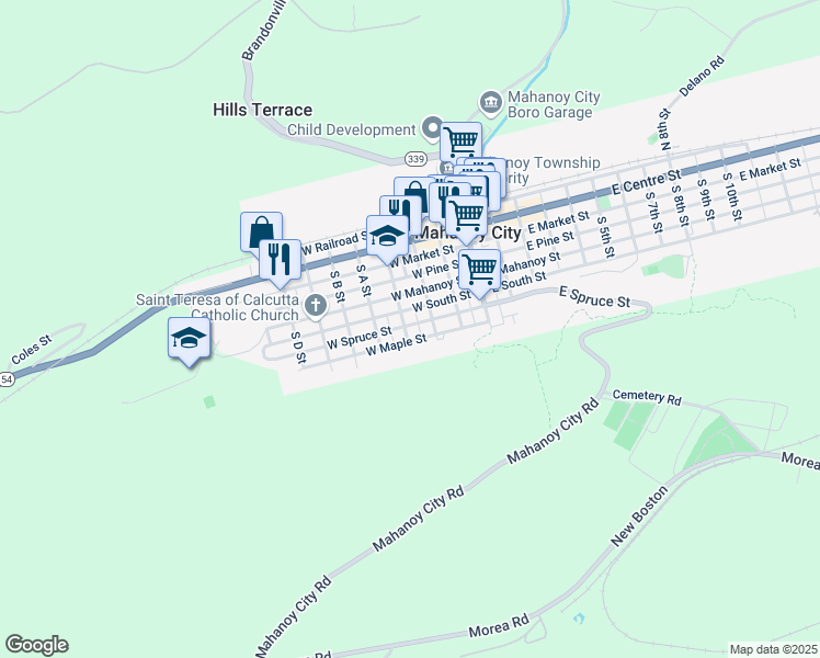 map of restaurants, bars, coffee shops, grocery stores, and more near 103 South Catawissa Street in Mahanoy City