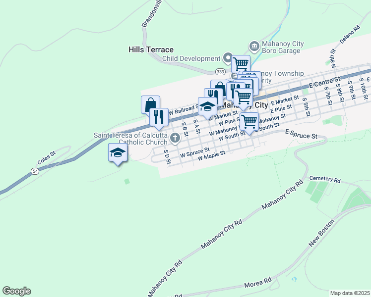 map of restaurants, bars, coffee shops, grocery stores, and more near 512 West South Street in Mahanoy City