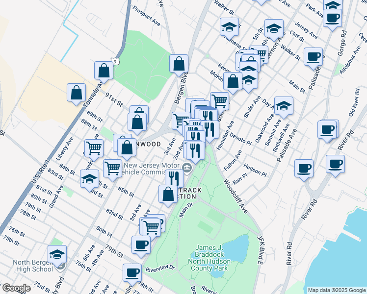 map of restaurants, bars, coffee shops, grocery stores, and more near 9005 Bergenline Avenue in North Bergen