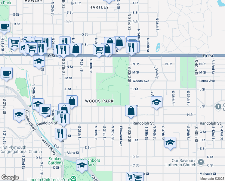 map of restaurants, bars, coffee shops, grocery stores, and more near 1200 North 24th Street in Lincoln