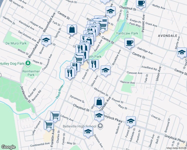map of restaurants, bars, coffee shops, grocery stores, and more near 24 Gless Avenue in Nutley