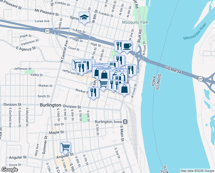 map of restaurants, bars, coffee shops, grocery stores, and more near 100-122 North 4th Street in Burlington