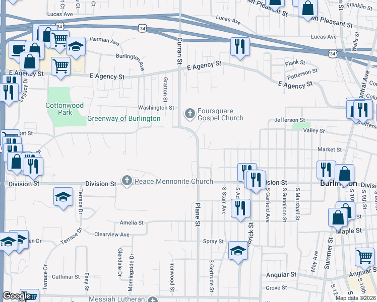 map of restaurants, bars, coffee shops, grocery stores, and more near 117 S Plane St in Burlington