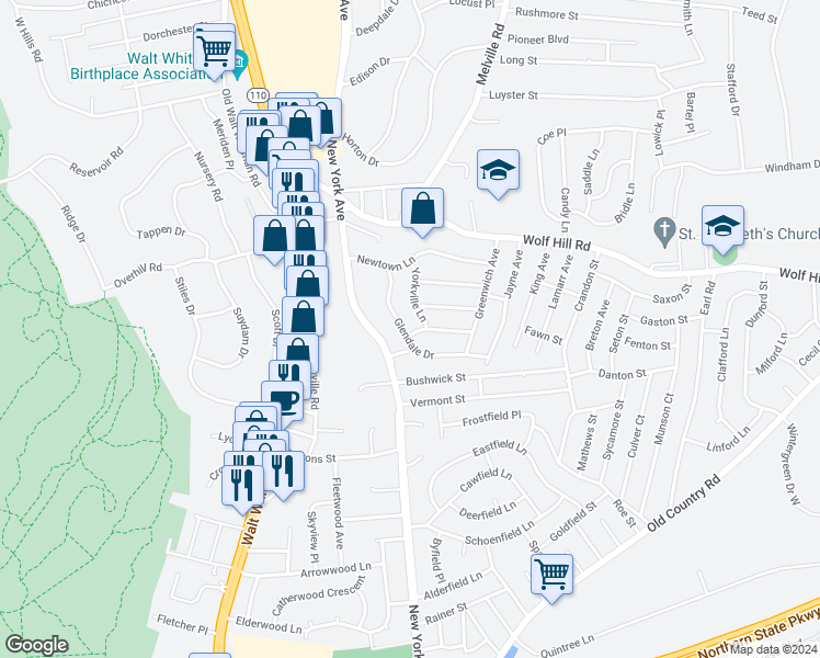 map of restaurants, bars, coffee shops, grocery stores, and more near 14 Glendale Drive in Melville