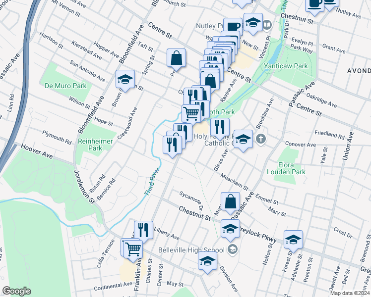 map of restaurants, bars, coffee shops, grocery stores, and more near 40 Franklin Avenue in Nutley