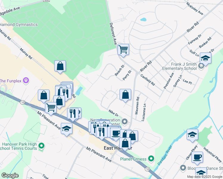 map of restaurants, bars, coffee shops, grocery stores, and more near 22 Frankie Lane in East Hanover