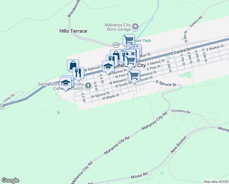 map of restaurants, bars, coffee shops, grocery stores, and more near 330 West Maple Street in Mahanoy City