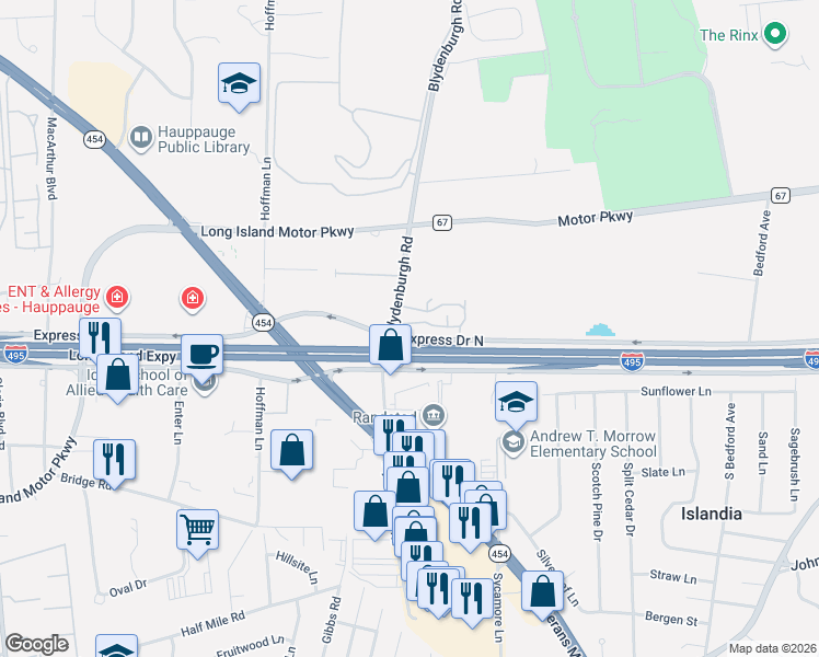 map of restaurants, bars, coffee shops, grocery stores, and more near 208 Town House Village in Hauppauge