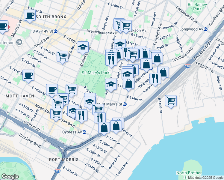 map of restaurants, bars, coffee shops, grocery stores, and more near 390 Concord Avenue in Bronx