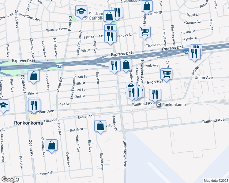 map of restaurants, bars, coffee shops, grocery stores, and more near 7 2nd Street in Ronkonkoma