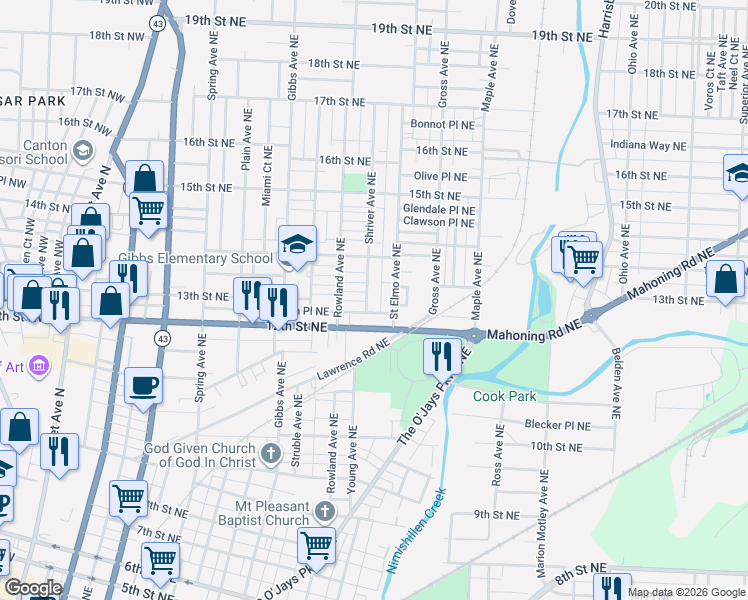 map of restaurants, bars, coffee shops, grocery stores, and more near 1417 Pontius Place Northeast in Canton