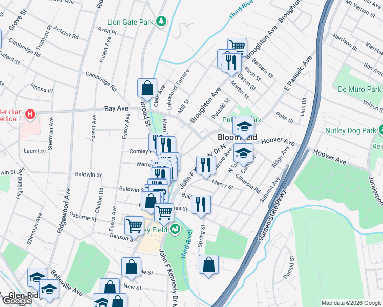 map of restaurants, bars, coffee shops, grocery stores, and more near 345 Hoover Avenue in Bloomfield