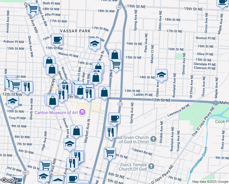map of restaurants, bars, coffee shops, grocery stores, and more near 318 13th Street Northeast in Canton