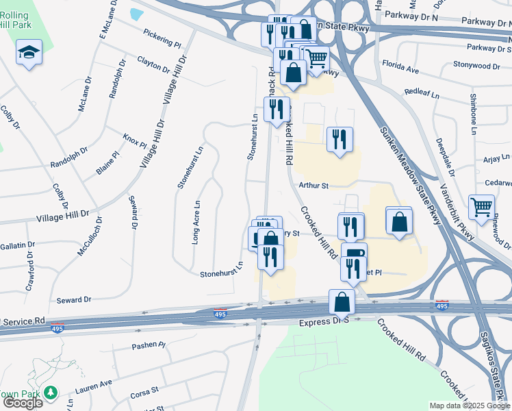 map of restaurants, bars, coffee shops, grocery stores, and more near 89 Stonehurst Lane in Dix Hills